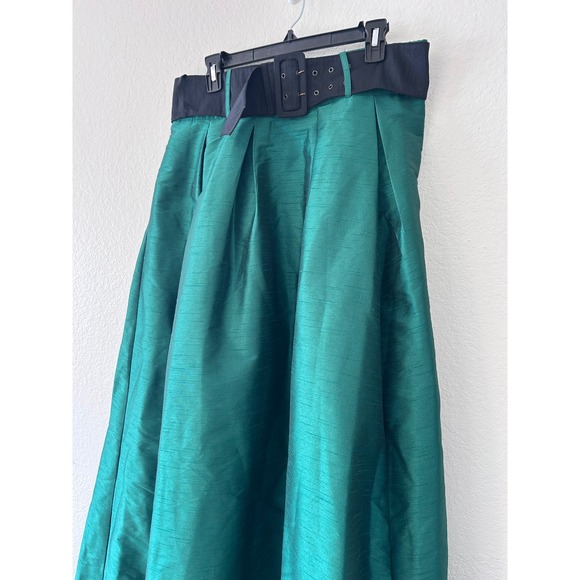 eShakti Emerald Green Pleated Dupioni Festive 34" Waist Wide Belt Maxi Skirt - Picture 3 of 10